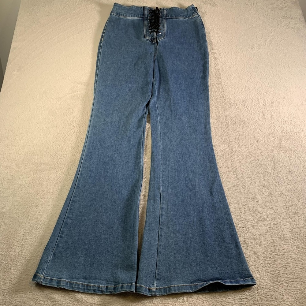 Forever 21‎ Flare Jeans Womens 30 Blue Medium Wash High Rise Wide Leg Lace Up
